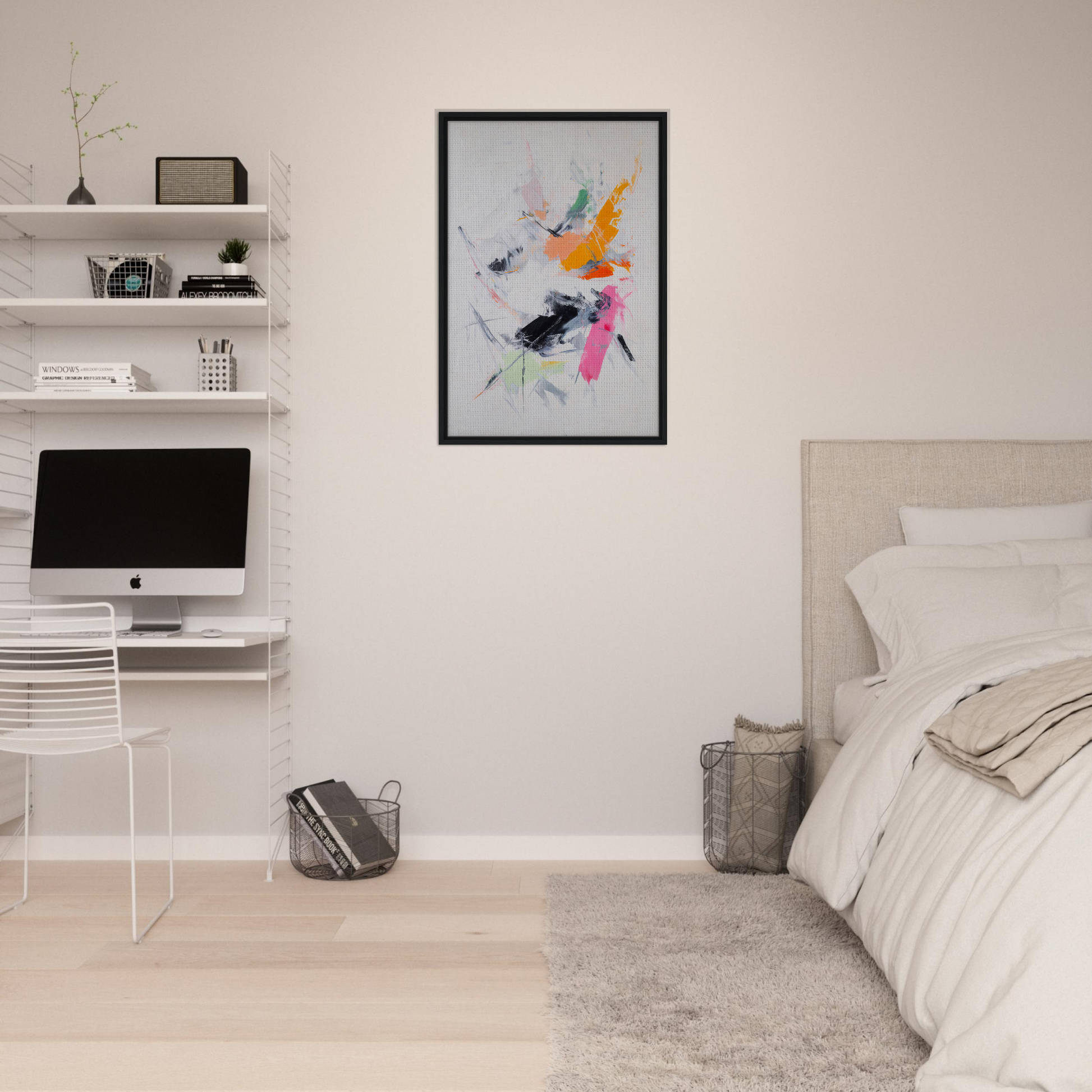 Framed abstract artwork of colorful bird-like shapes for Pigment Tempest Unfolds room decor