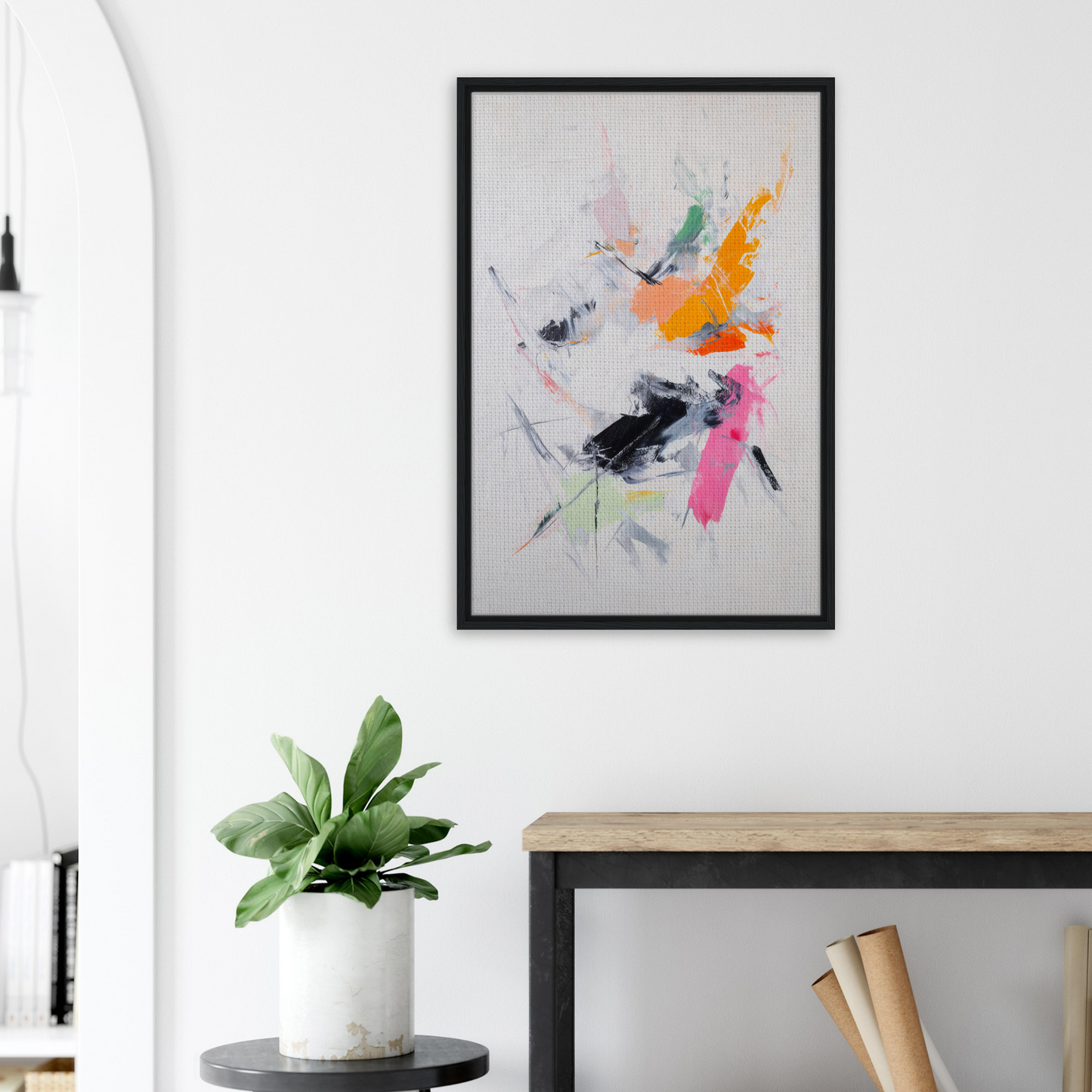 Abstract painting with colorful splashes in a black frame, Pigment Tempest Unfolds