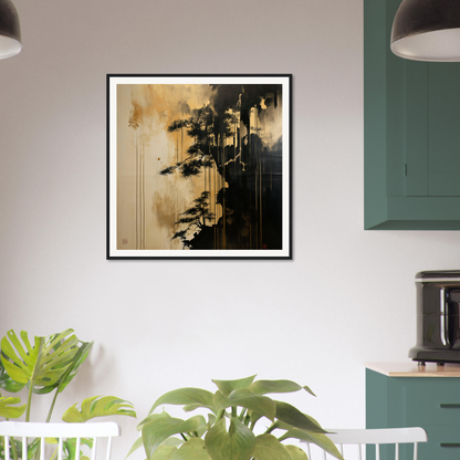 Framed Pine Fog Reverie artwork with silhouetted pine trees in a misty landscape