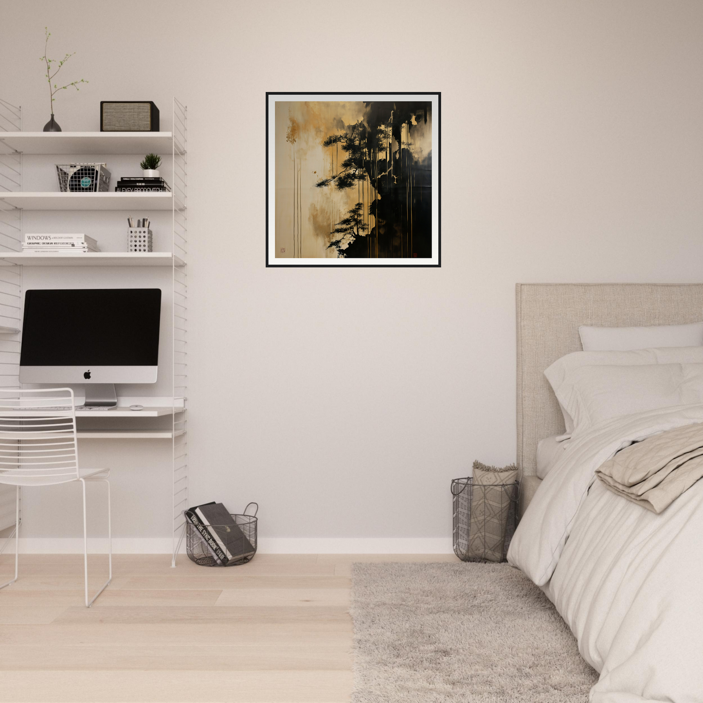 Minimalist bedroom featuring Pine Fog Reverie art, iMac, and stylish floating shelves