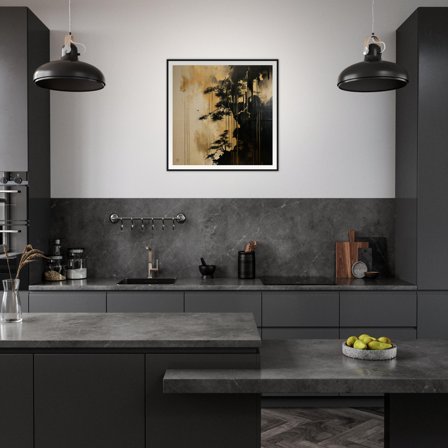 Modern dark grey kitchen featuring Pine Fog Reverie and stylish industrial lights