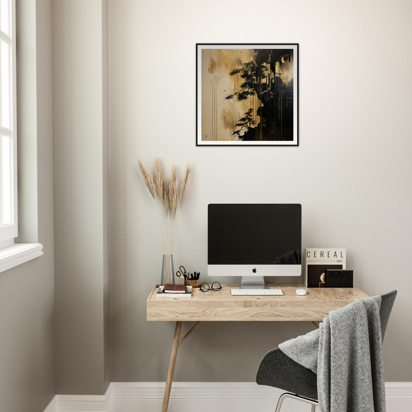 Beautiful Pine Fog Reverie desk setup featuring an iMac and stylish decor