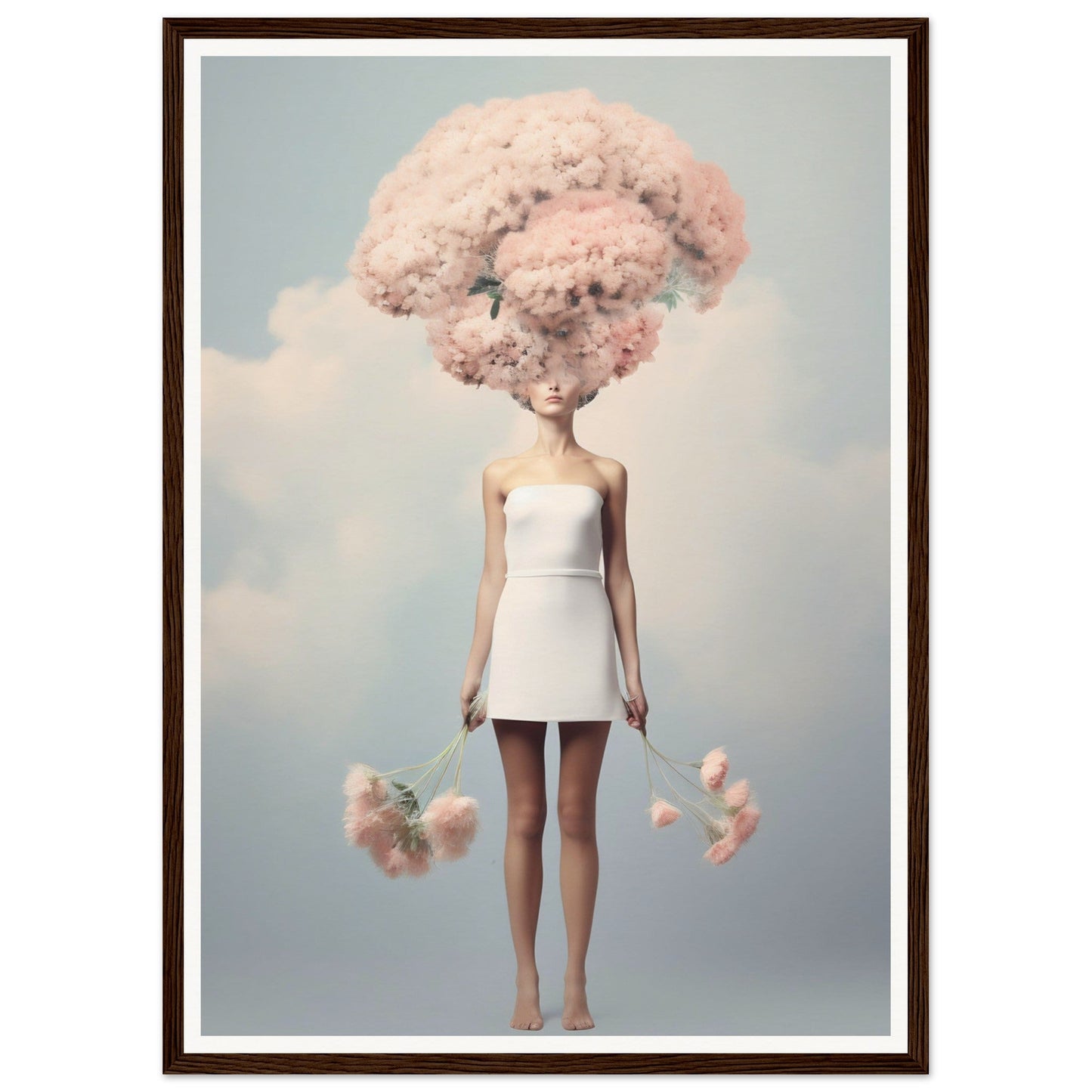 Doll-like figure with an enormous pink cotton candy-shaped hairstyle wearing a white mini dress.