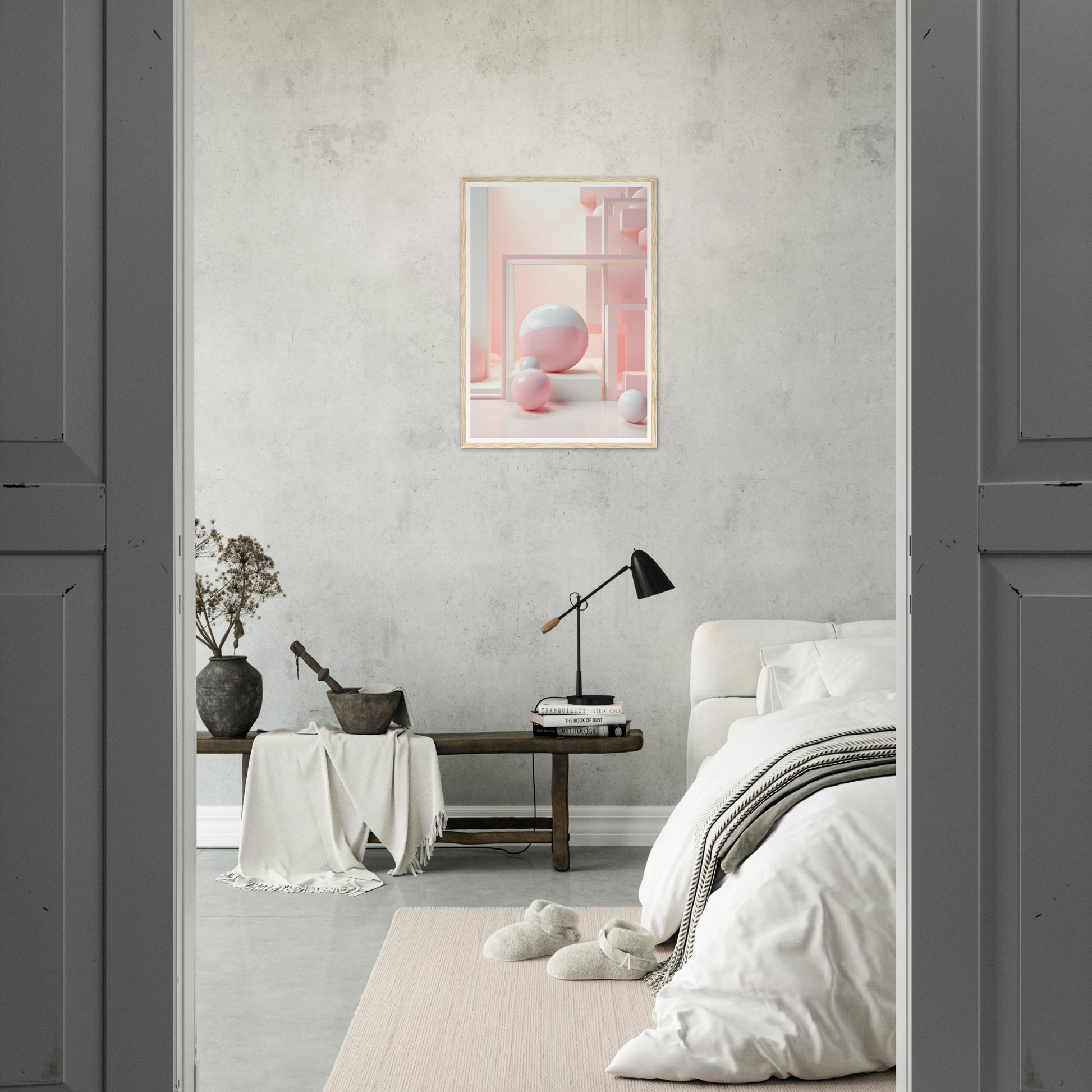 A pink abstract painting hangs in a bedroom