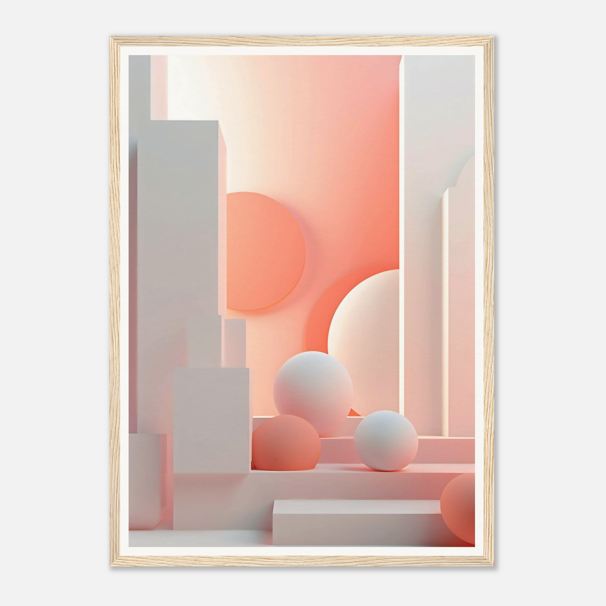 A pink abstract painting with white and orange shapes