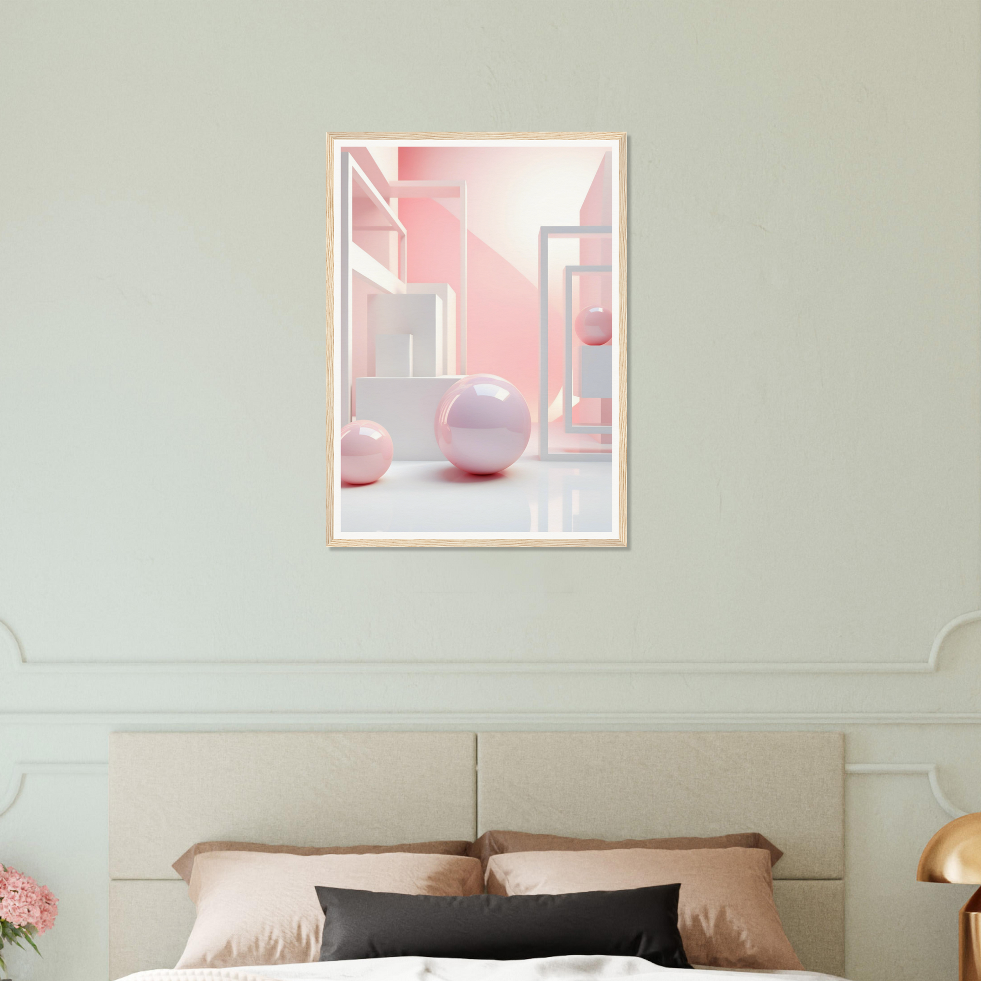 A pink bedroom with a bed and a framed picture