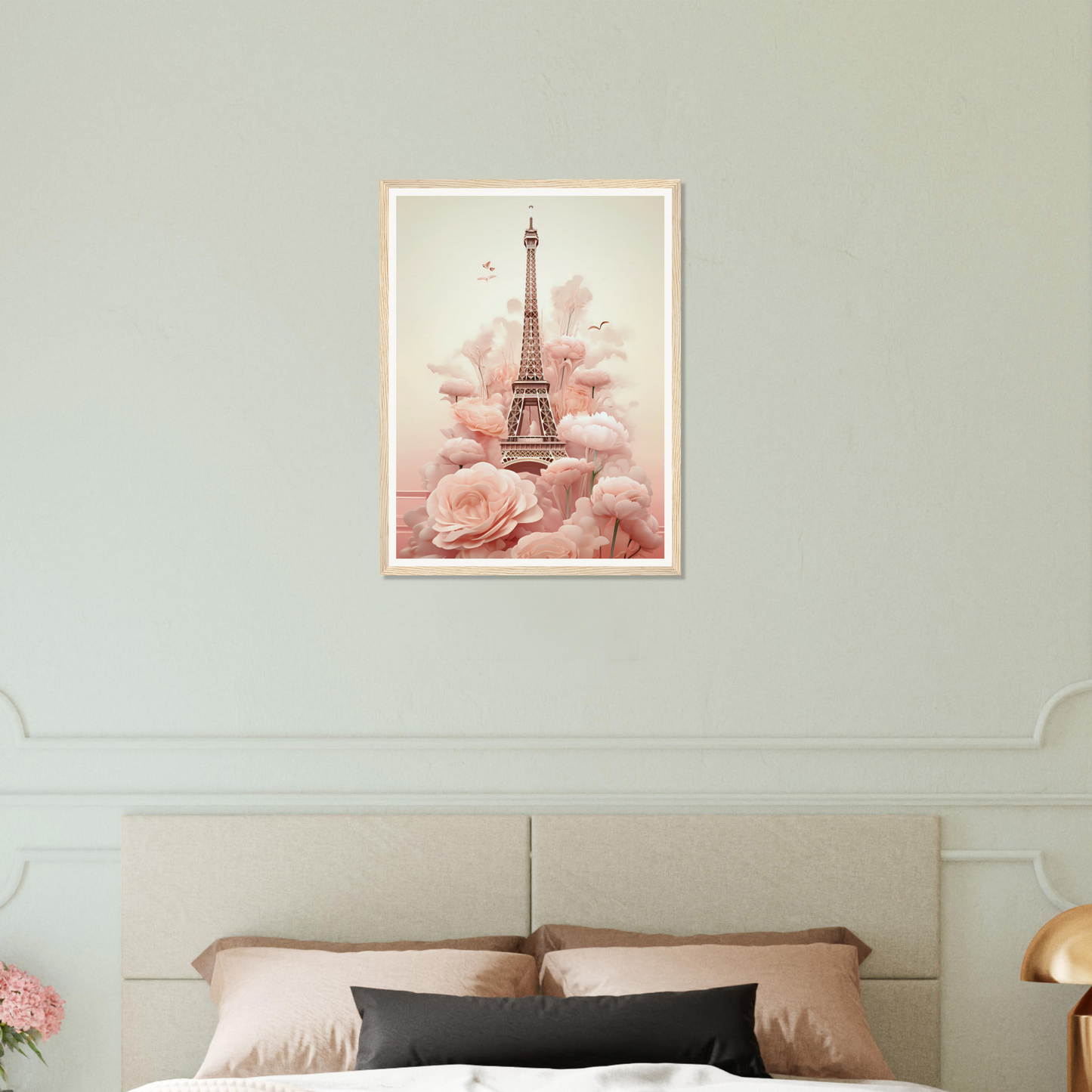 A pink bedroom with a bed and a painting on the wall