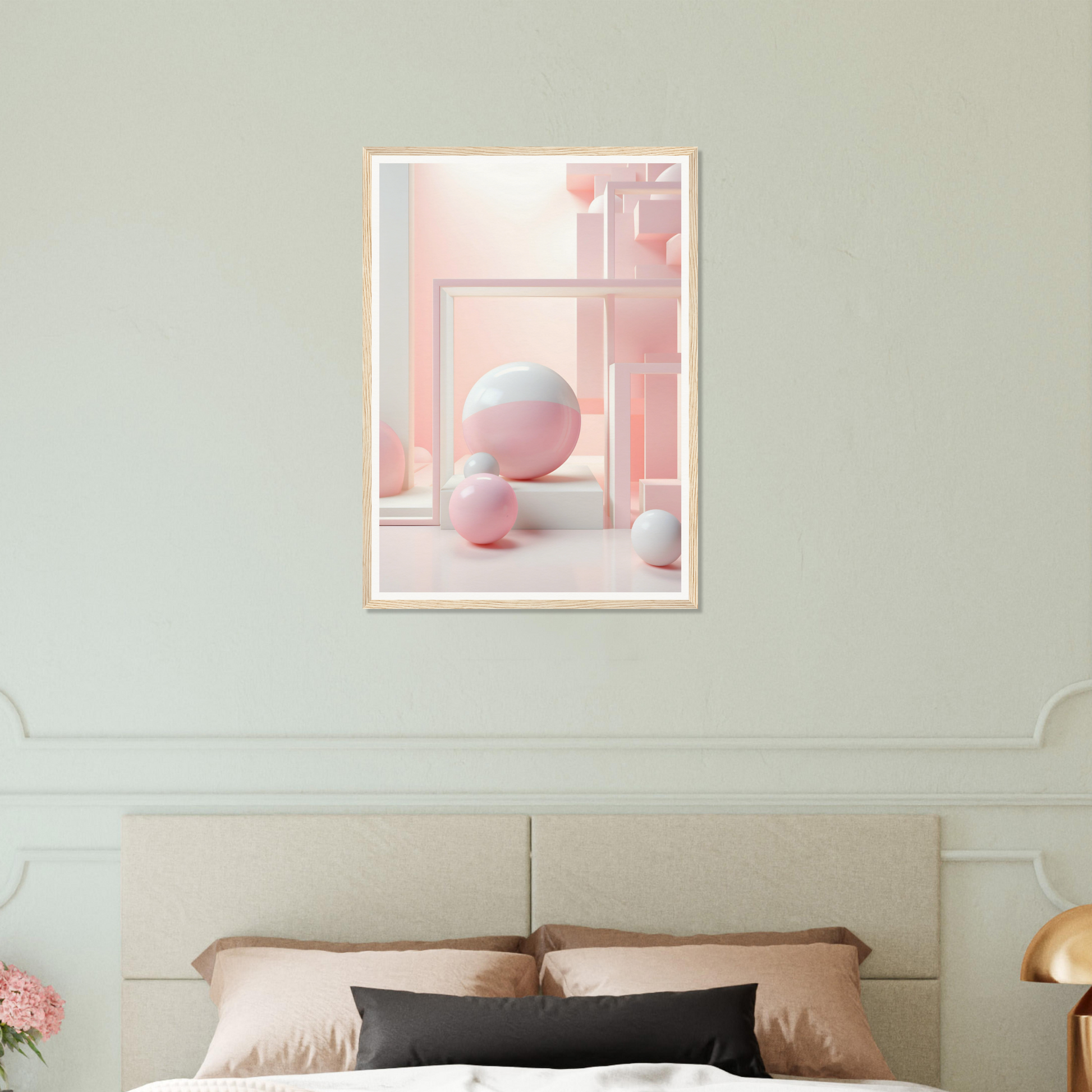 A pink bedroom with a bed and a pink wall