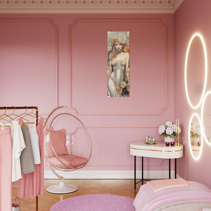 A pink bedroom with a pink chair and a mirror