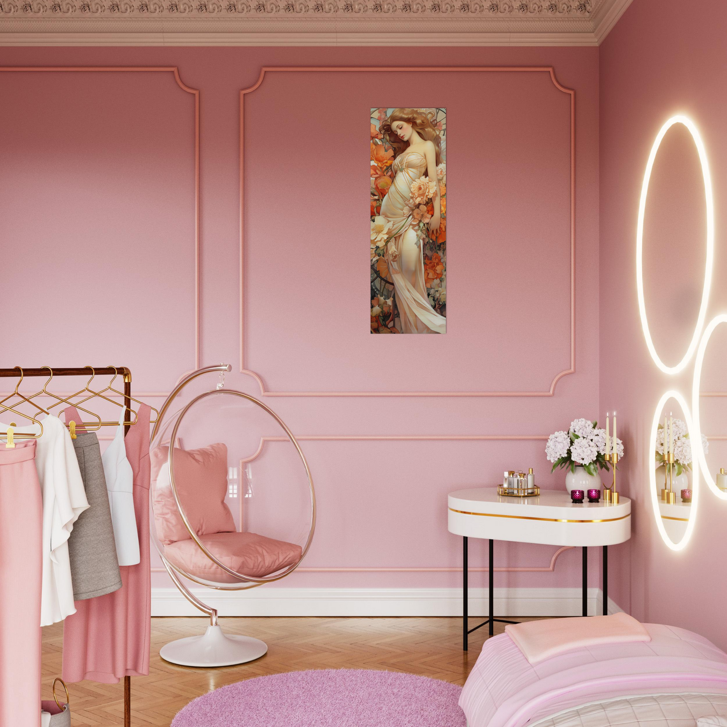 A pink bedroom with a pink chair and a mirror