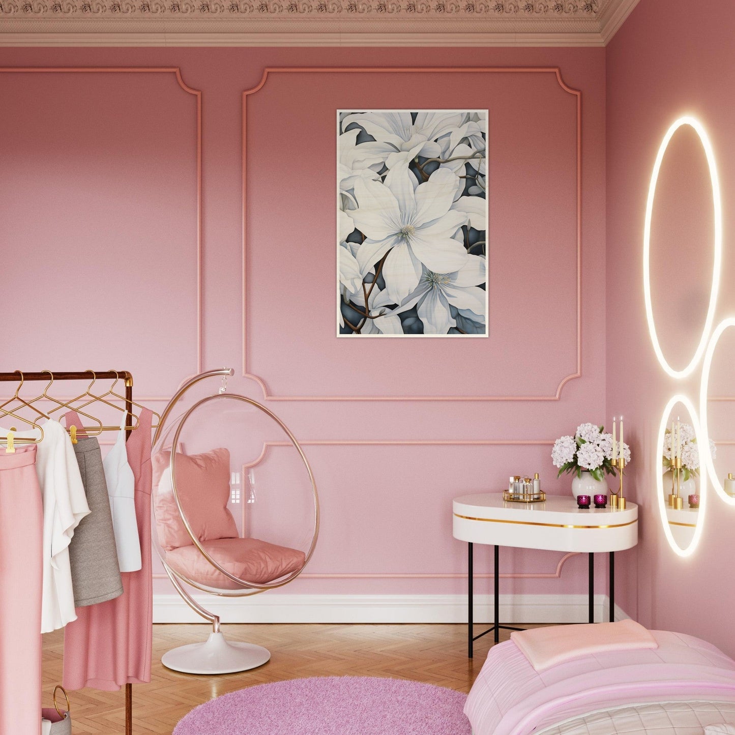 A pink bedroom with a hanging chair and a mirror