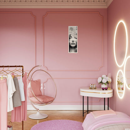 A pink bedroom with a hanging chair and a mirror