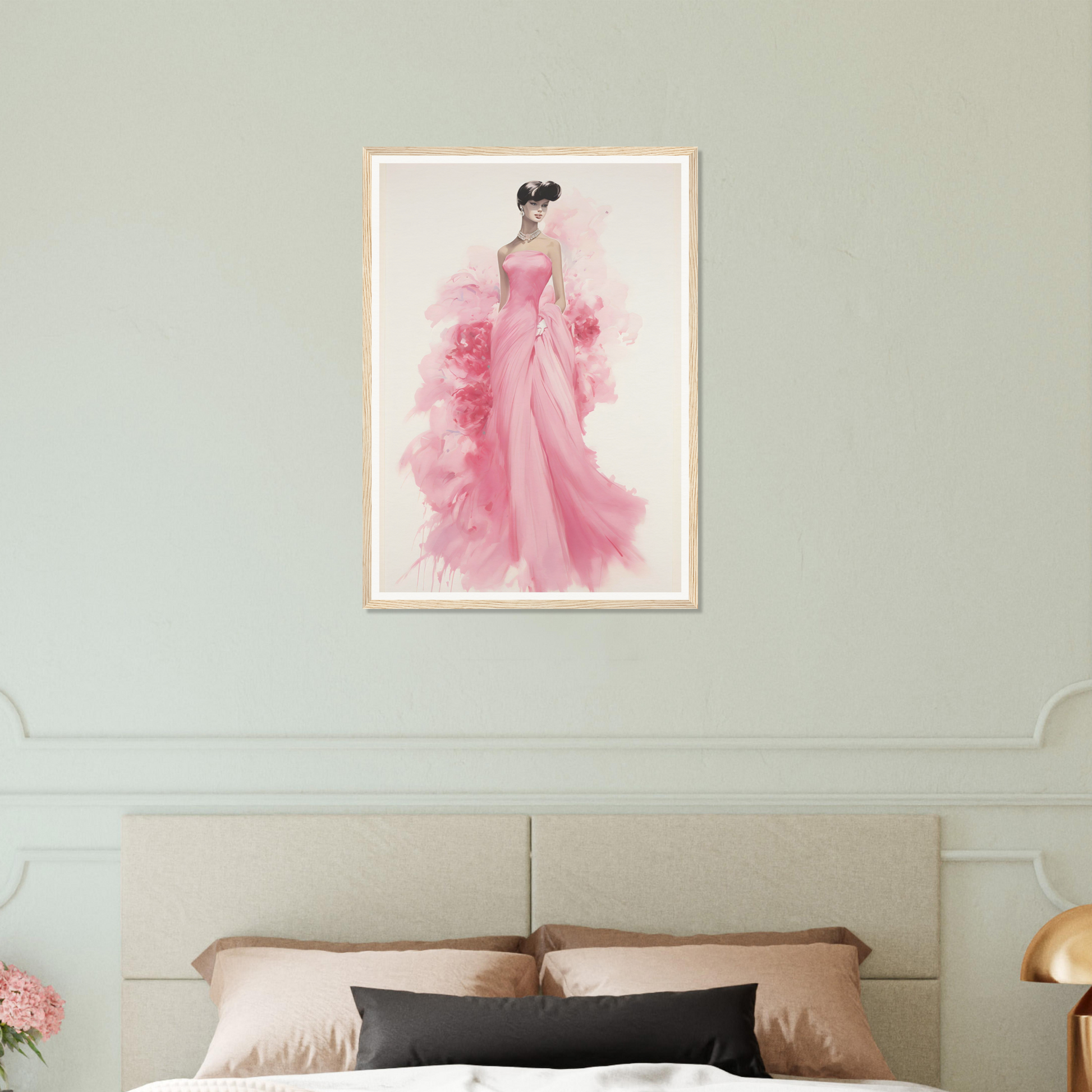 A pink dress hangs above a bed