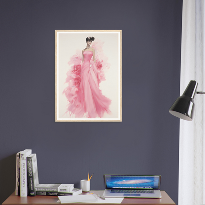 A pink dress hangs on a wall above a desk