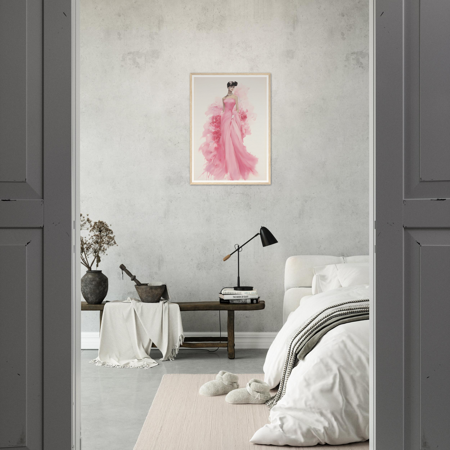 A pink dress hangs on the wall in a bedroom