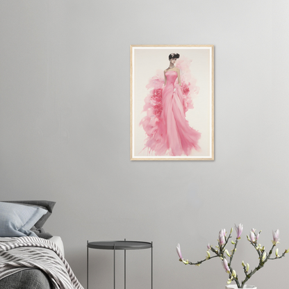 A pink dress hanging on a wall