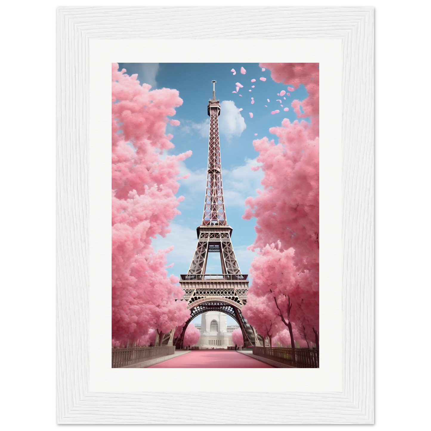 A pink eiff tower with clouds in the background