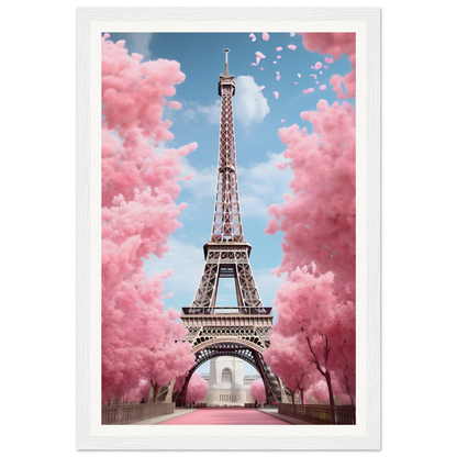 A pink eiff tower with clouds in the background