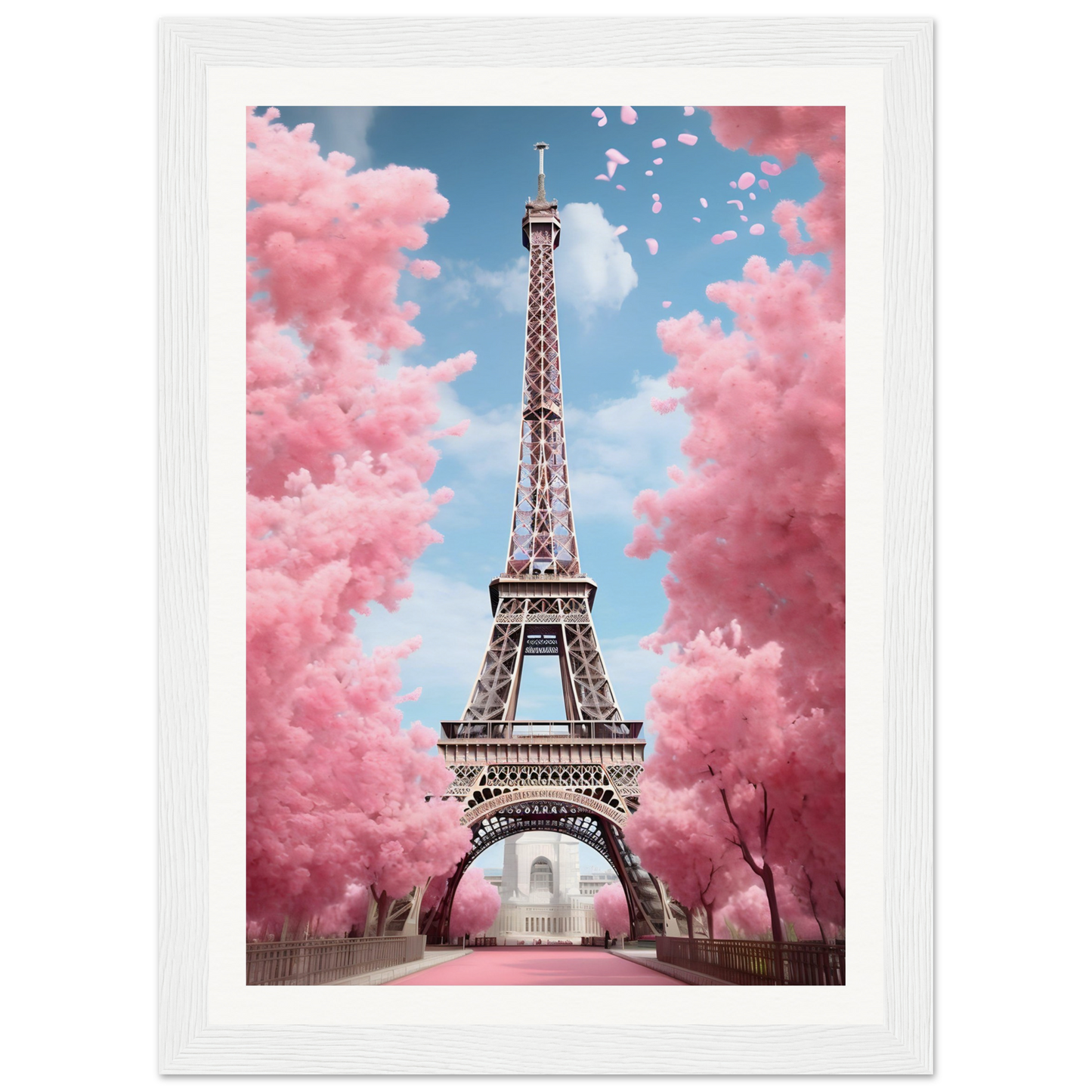 A pink eiff tower with pink clouds in the background