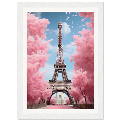 A pink eiff tower with pink clouds in the background