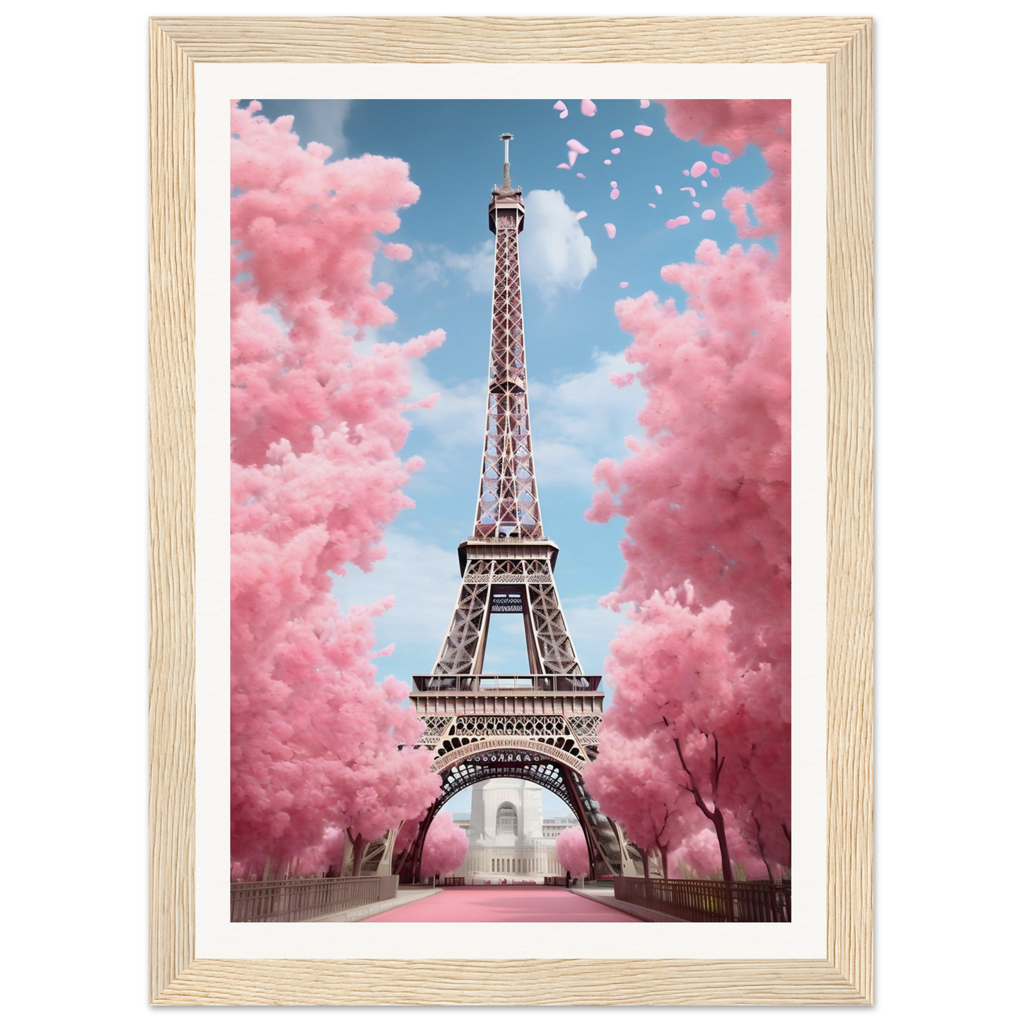 A pink eiff tower with pink clouds in the background