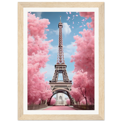 A pink eiff tower with pink clouds in the background