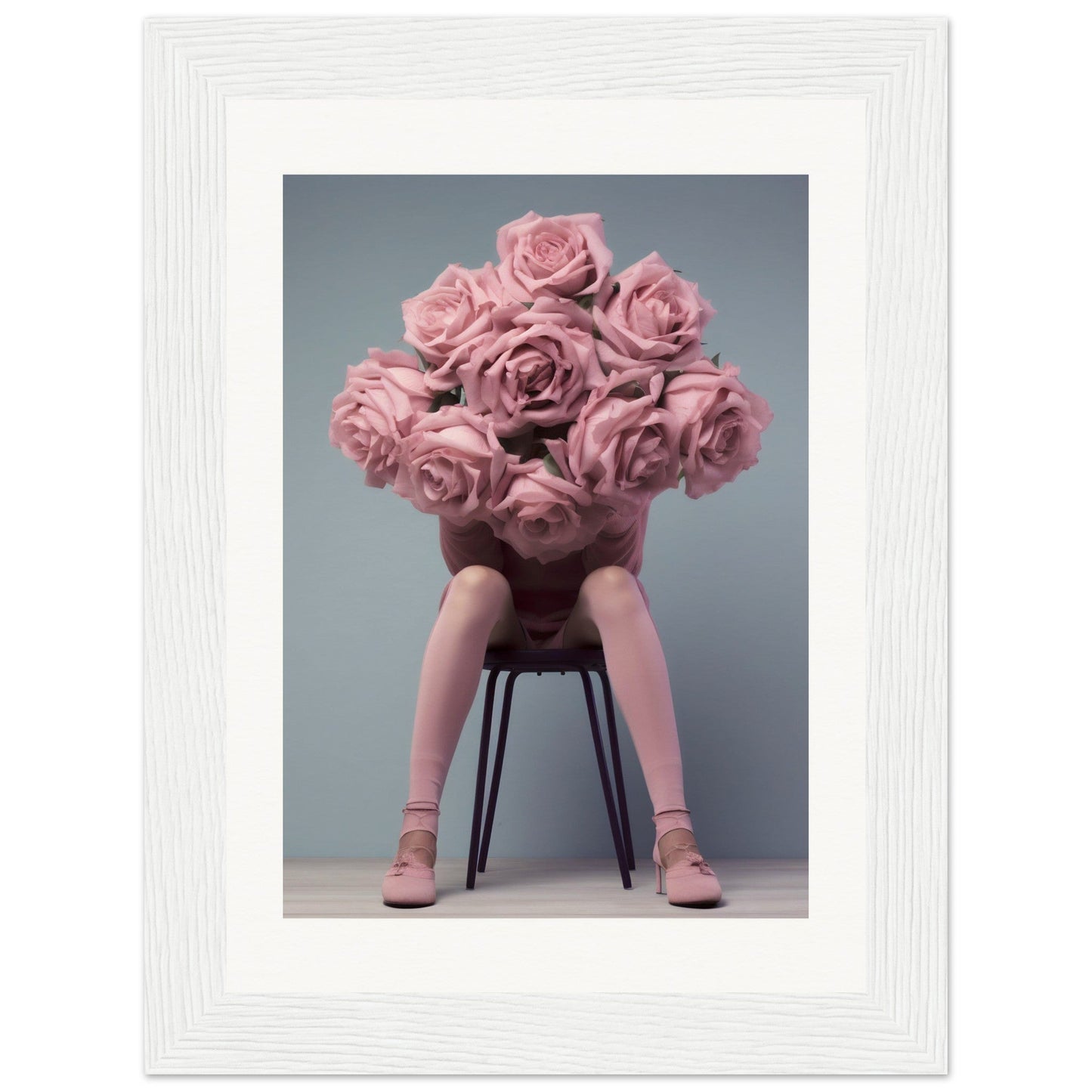 A pink flower arrangement on a chair