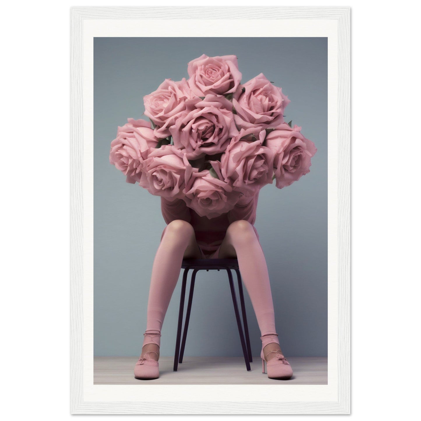 A pink flower arrangement on a chair