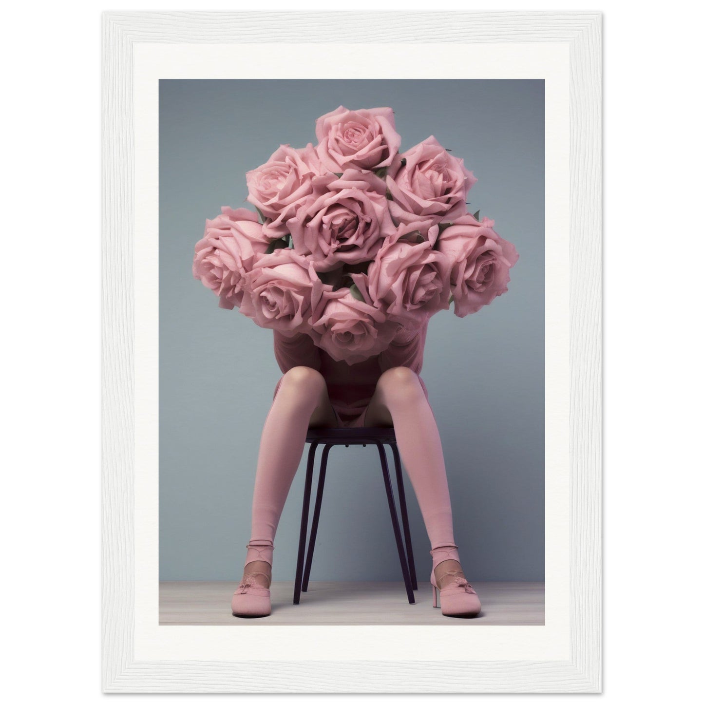 A pink flower arrangement on a chair