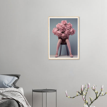 A pink flower arrangement on a chair in a bedroom