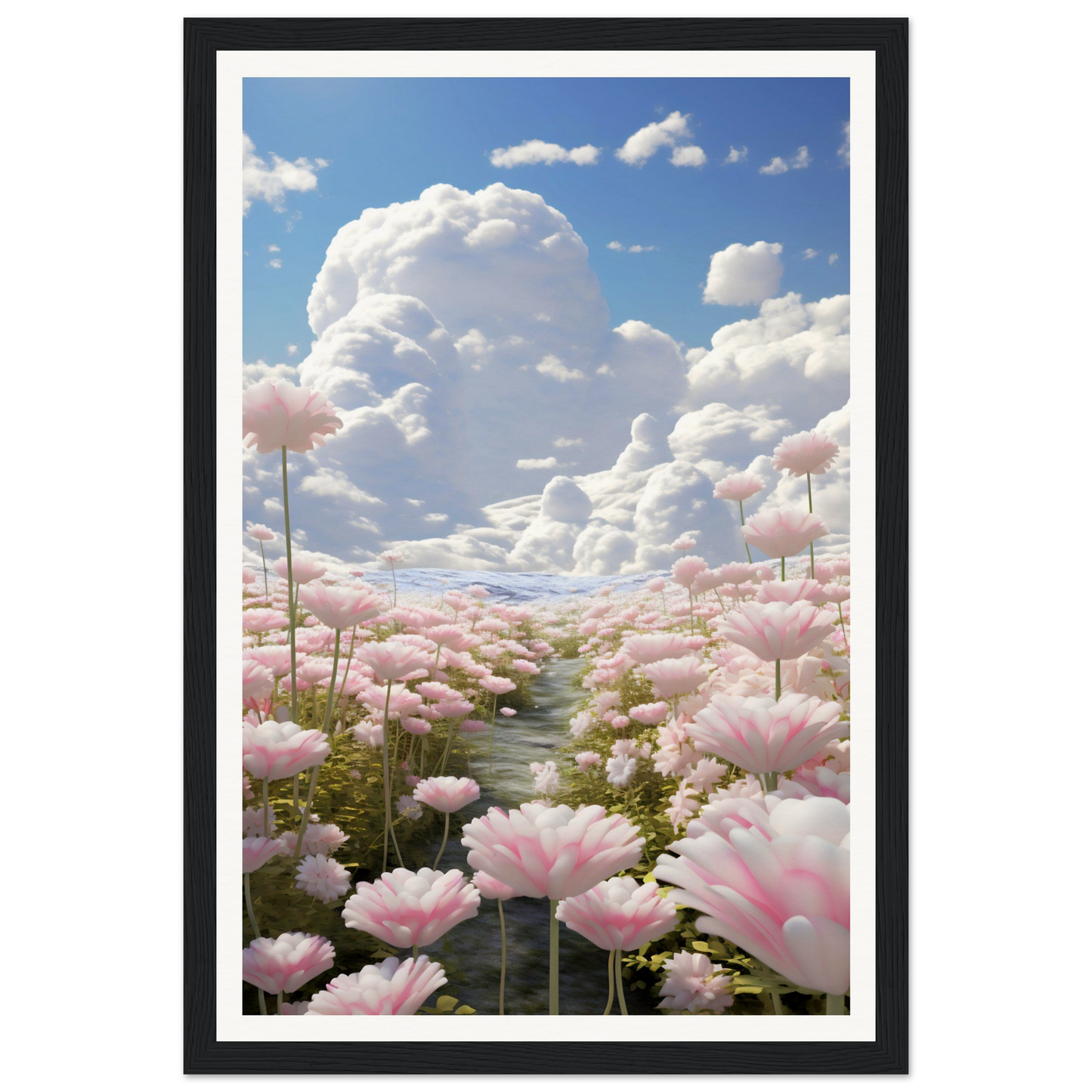 A pink flower field with clouds in the background