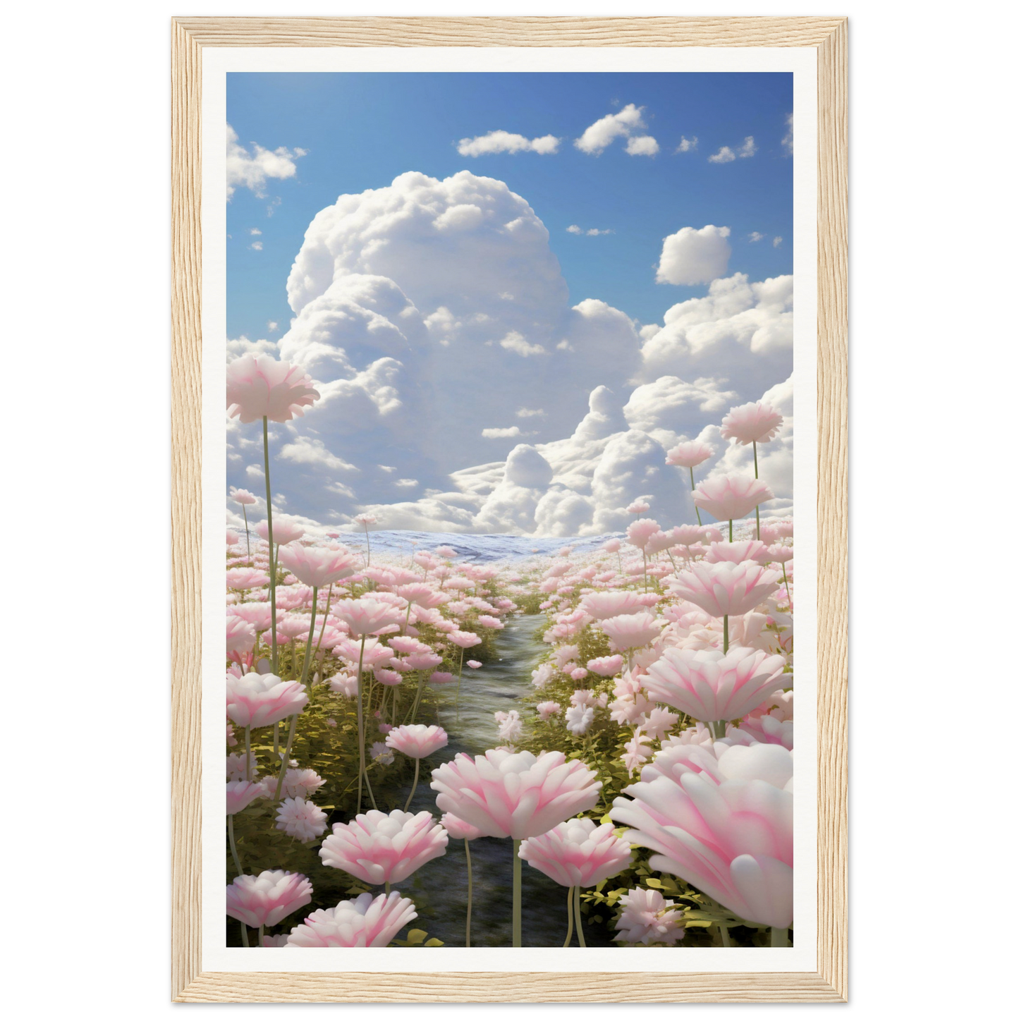 A pink flower field with clouds in the background