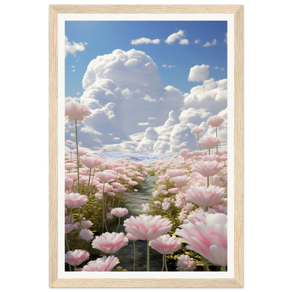 A pink flower field with clouds in the background