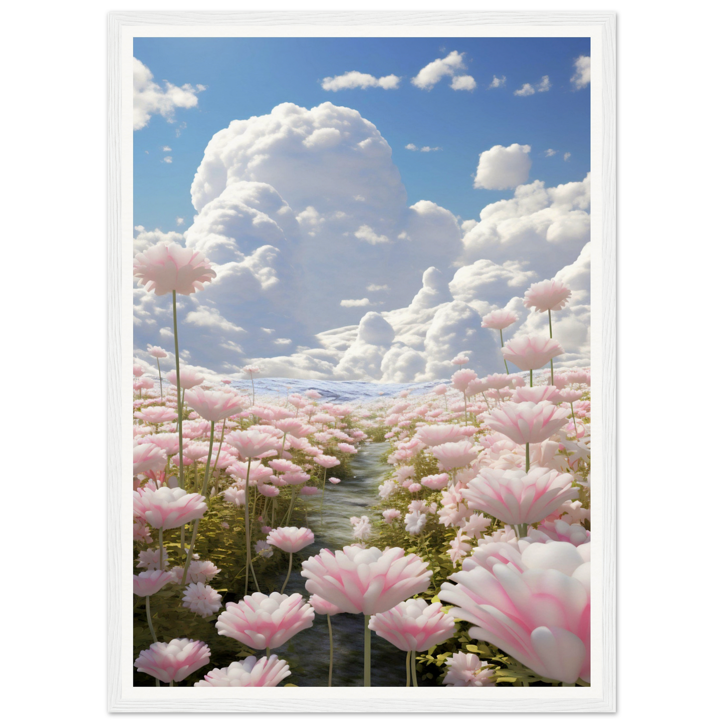 A pink flower field with clouds in the background