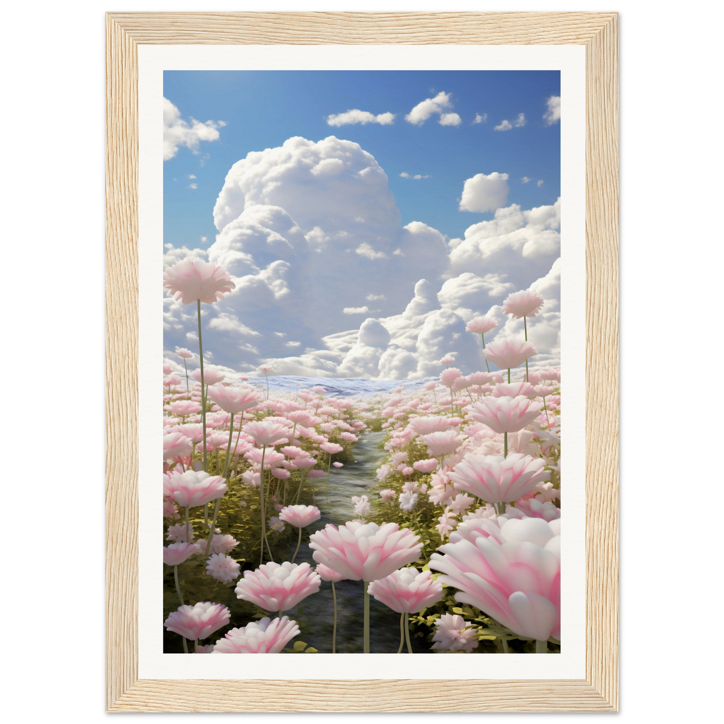 A pink flower field with clouds in the background