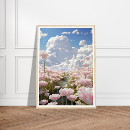 A pink flower field with clouds in the background