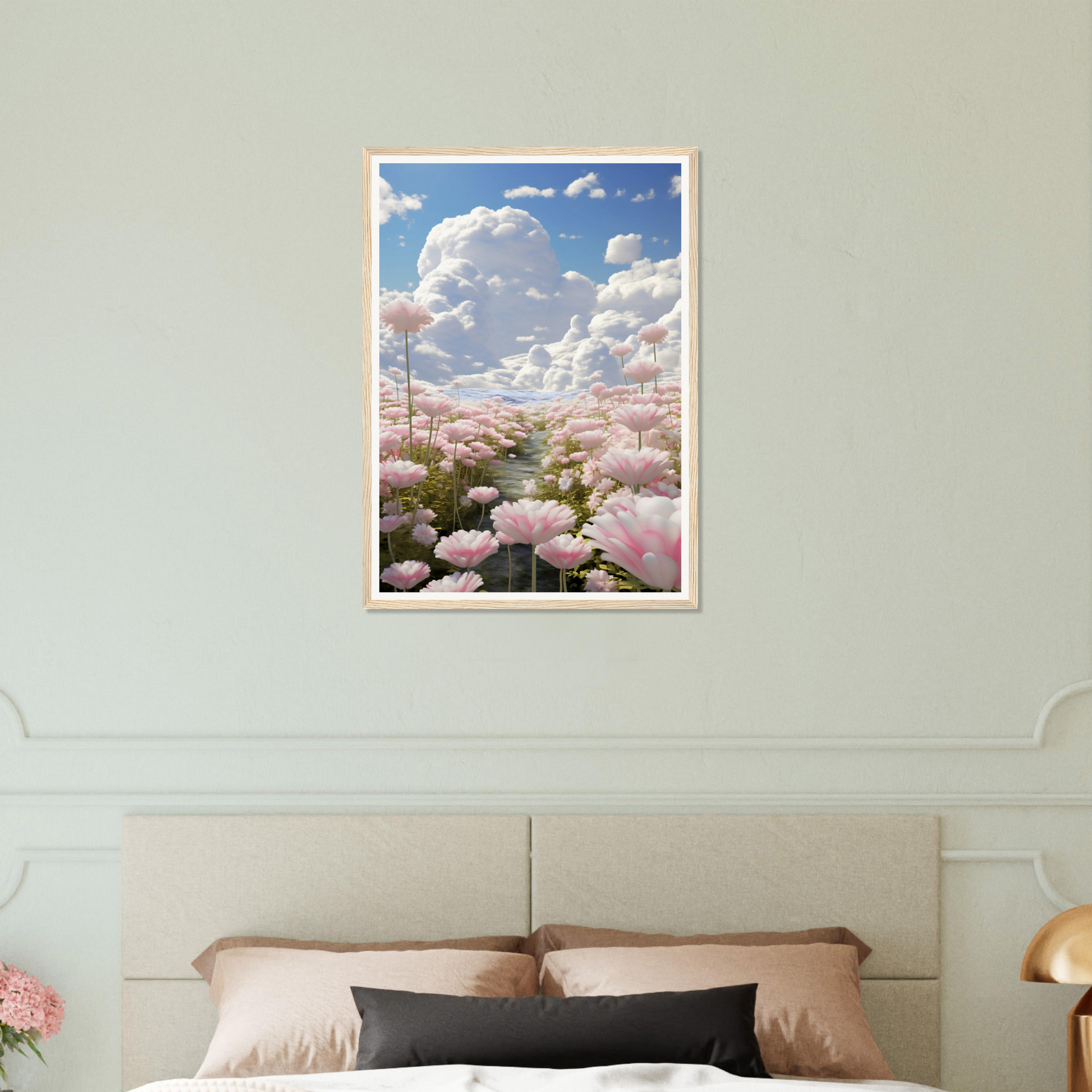 A pink flower garden with a blue sky and clouds in the background