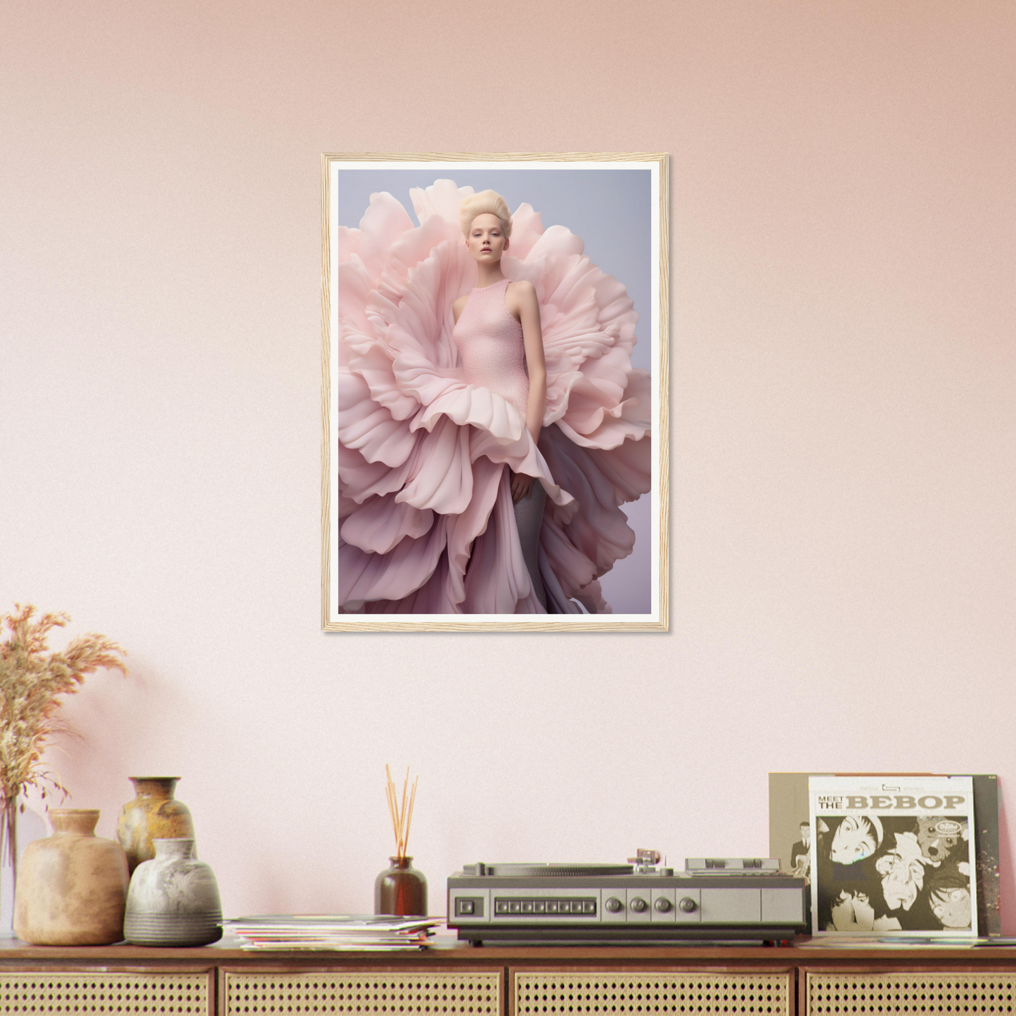 A pink flower in a room with a pink wall