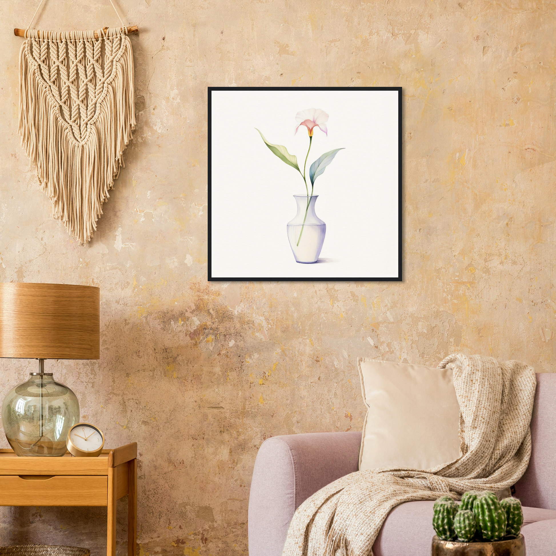 A pink flower in a vase on a wall