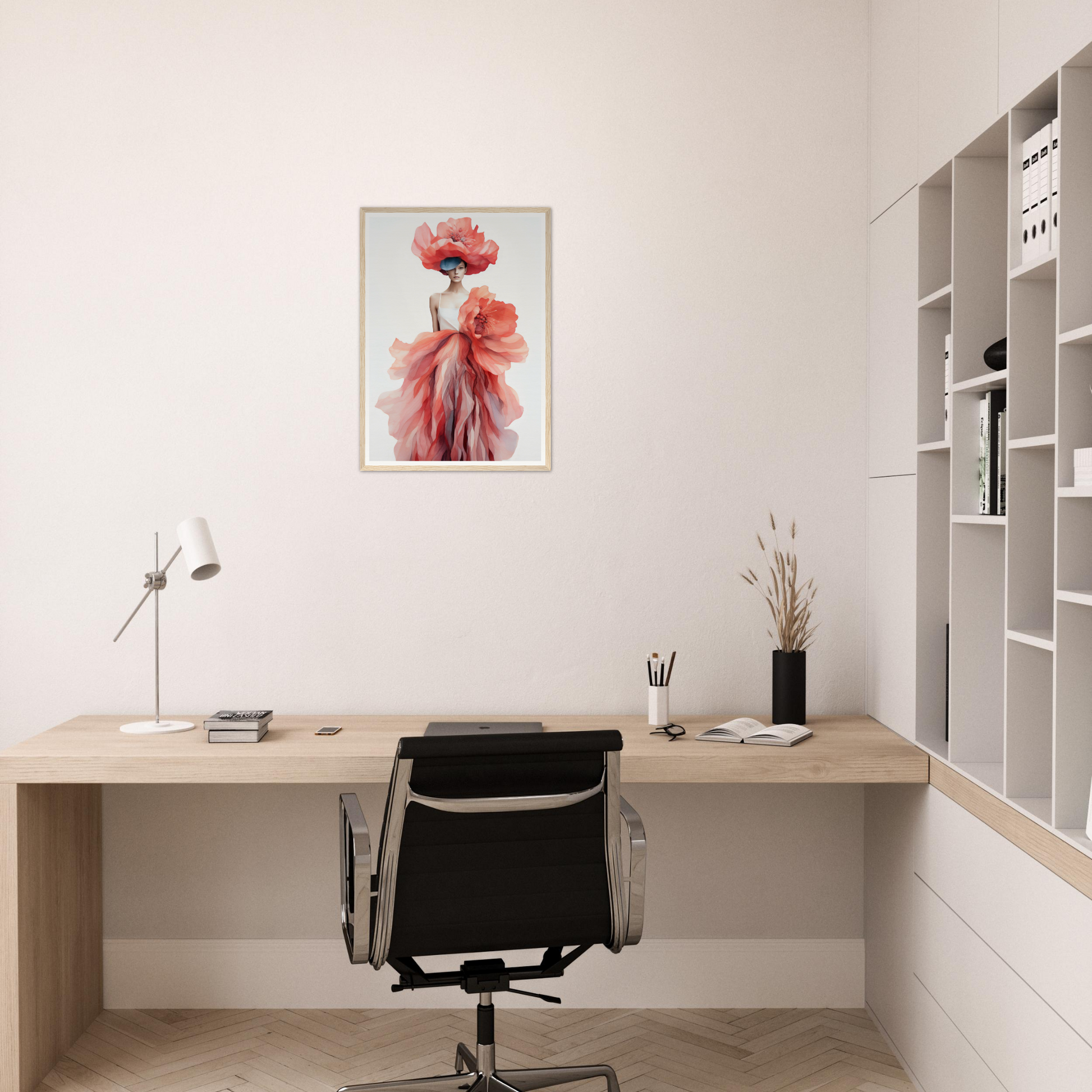 A pink flower on a white background framed in a white wall