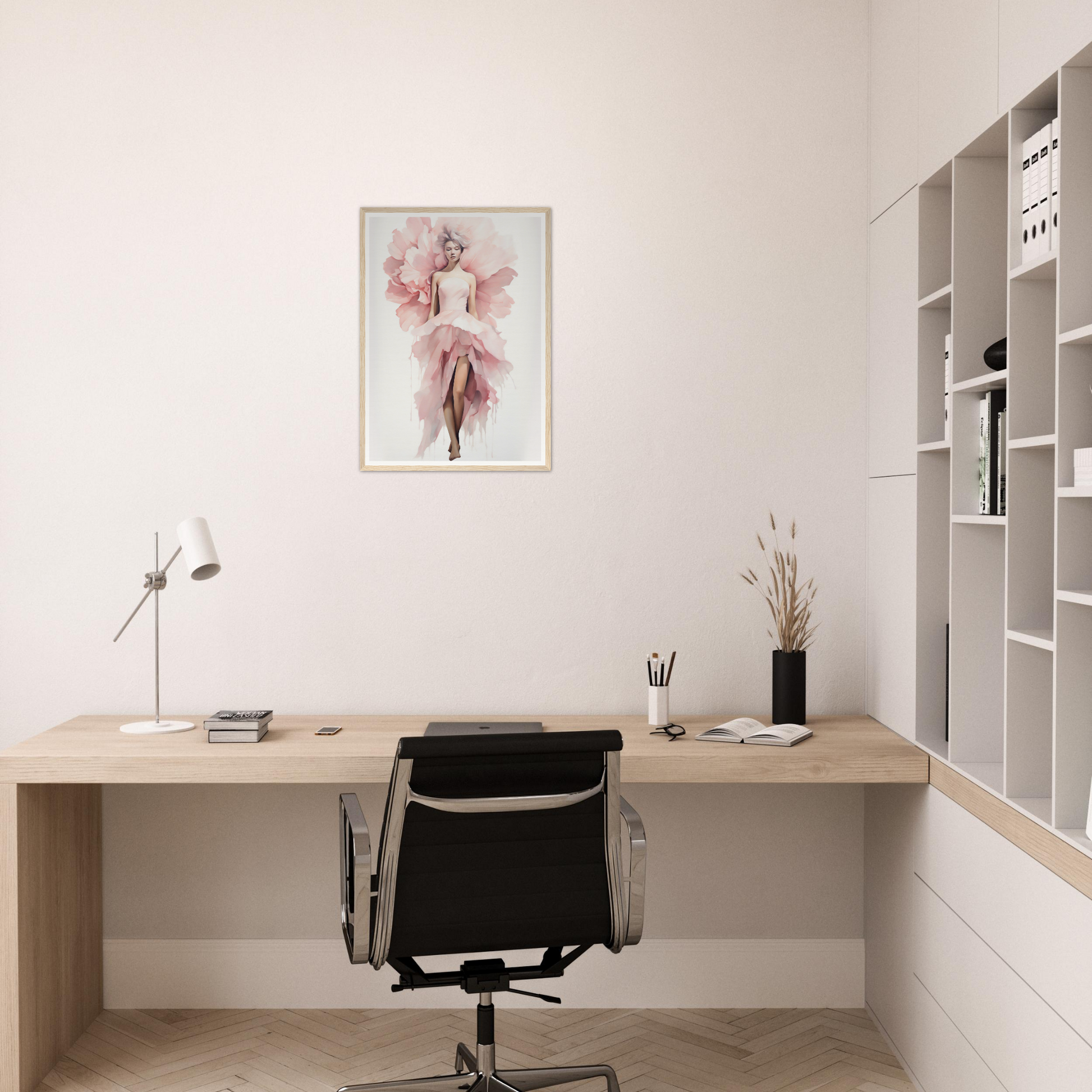 A pink flower on a white background framed in a white wall