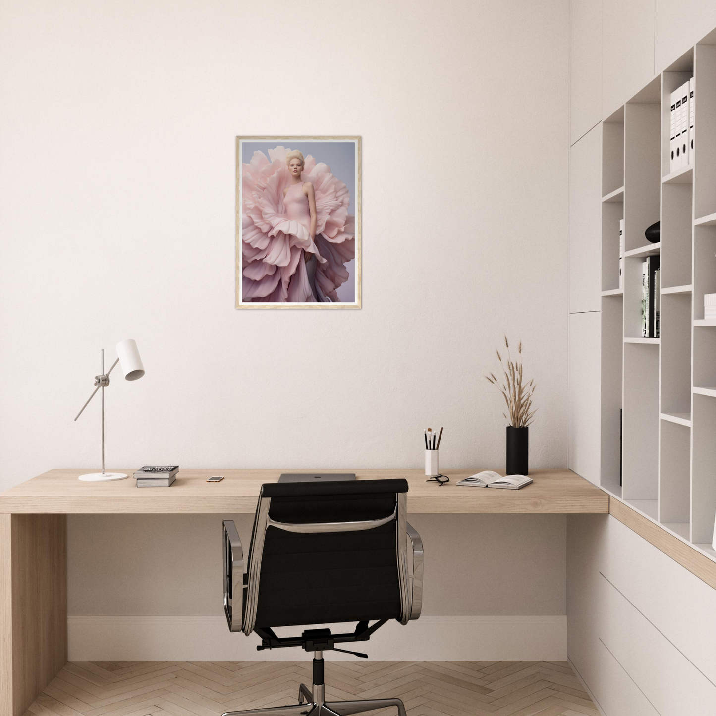 A pink flower on a white wall above a desk