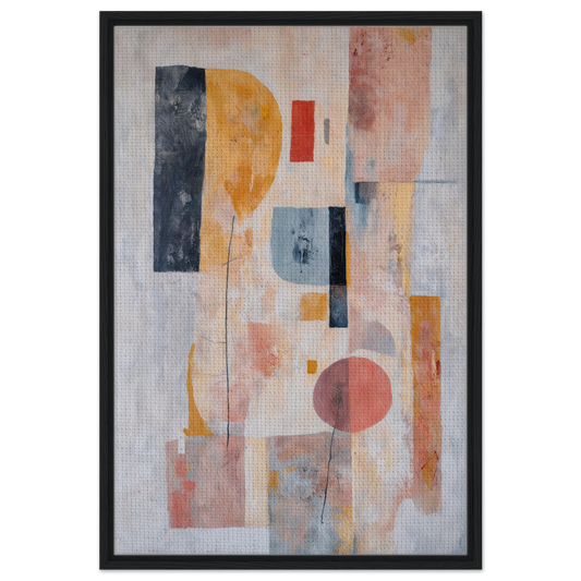 Abstract painting in muted pastels with geometric shapes titled Pink Geometric Reverie