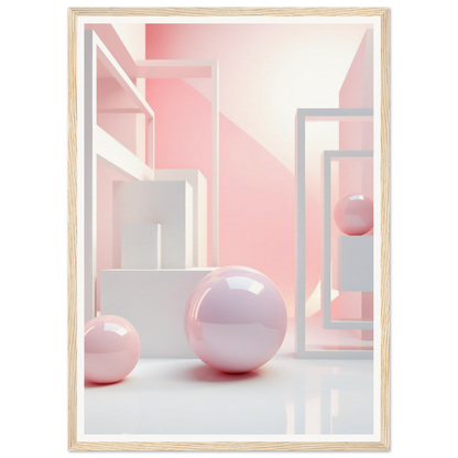 Framed abstract artwork featuring geometric shapes and pink spheres.