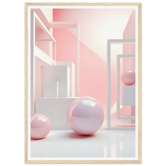 Framed abstract artwork featuring geometric shapes and pink spheres.