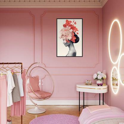 There is a pink room with a chair and a bed