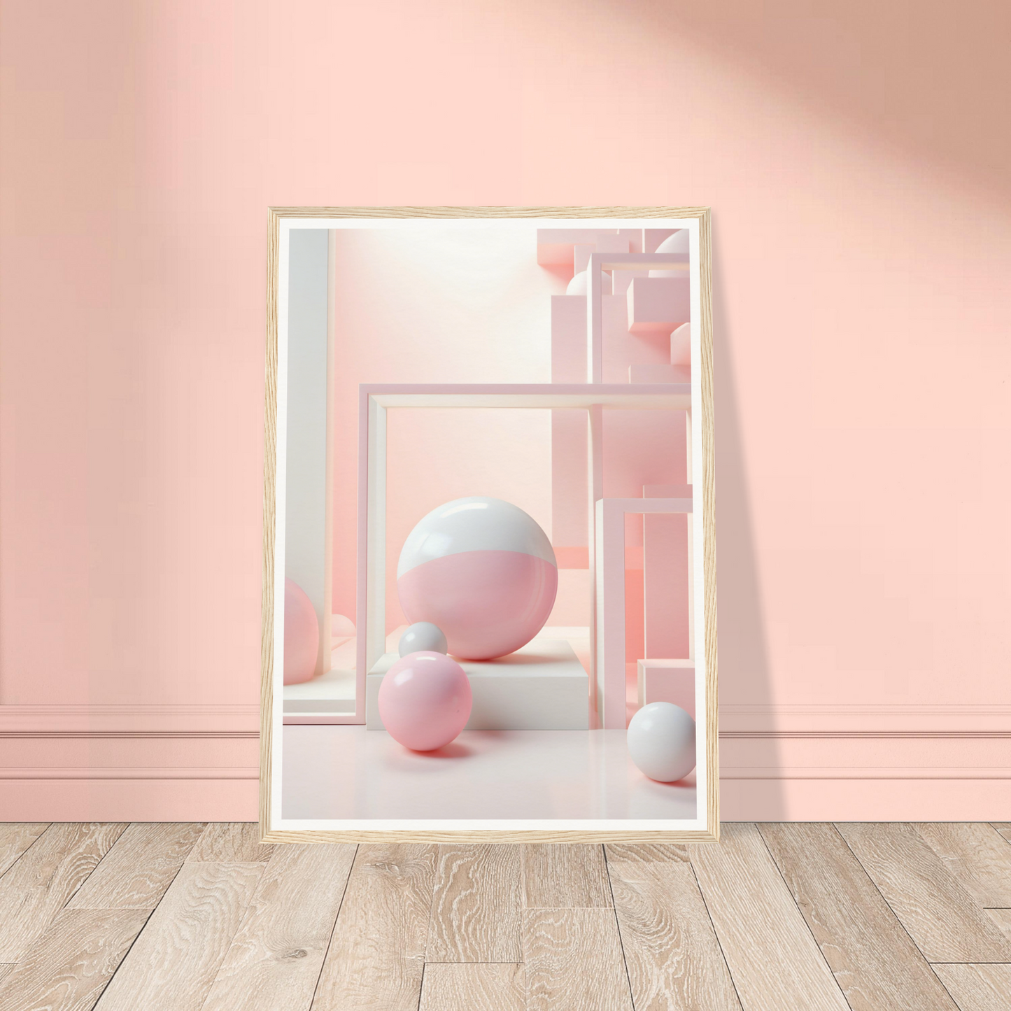 A pink room with a white frame and a pink ball