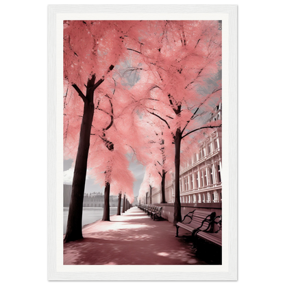 A pink tree lined with pink leaves in a city street