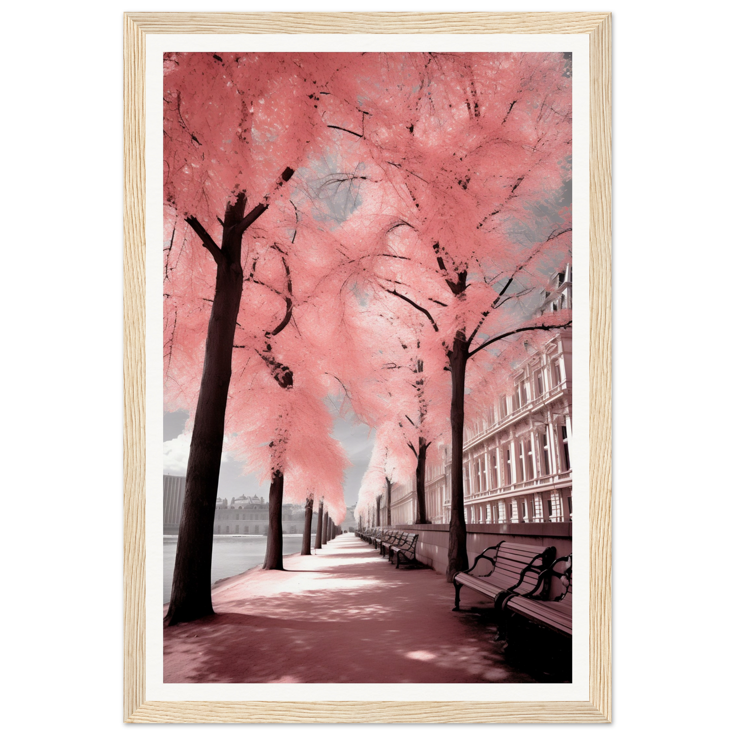 A pink tree lined with pink leaves in a city street