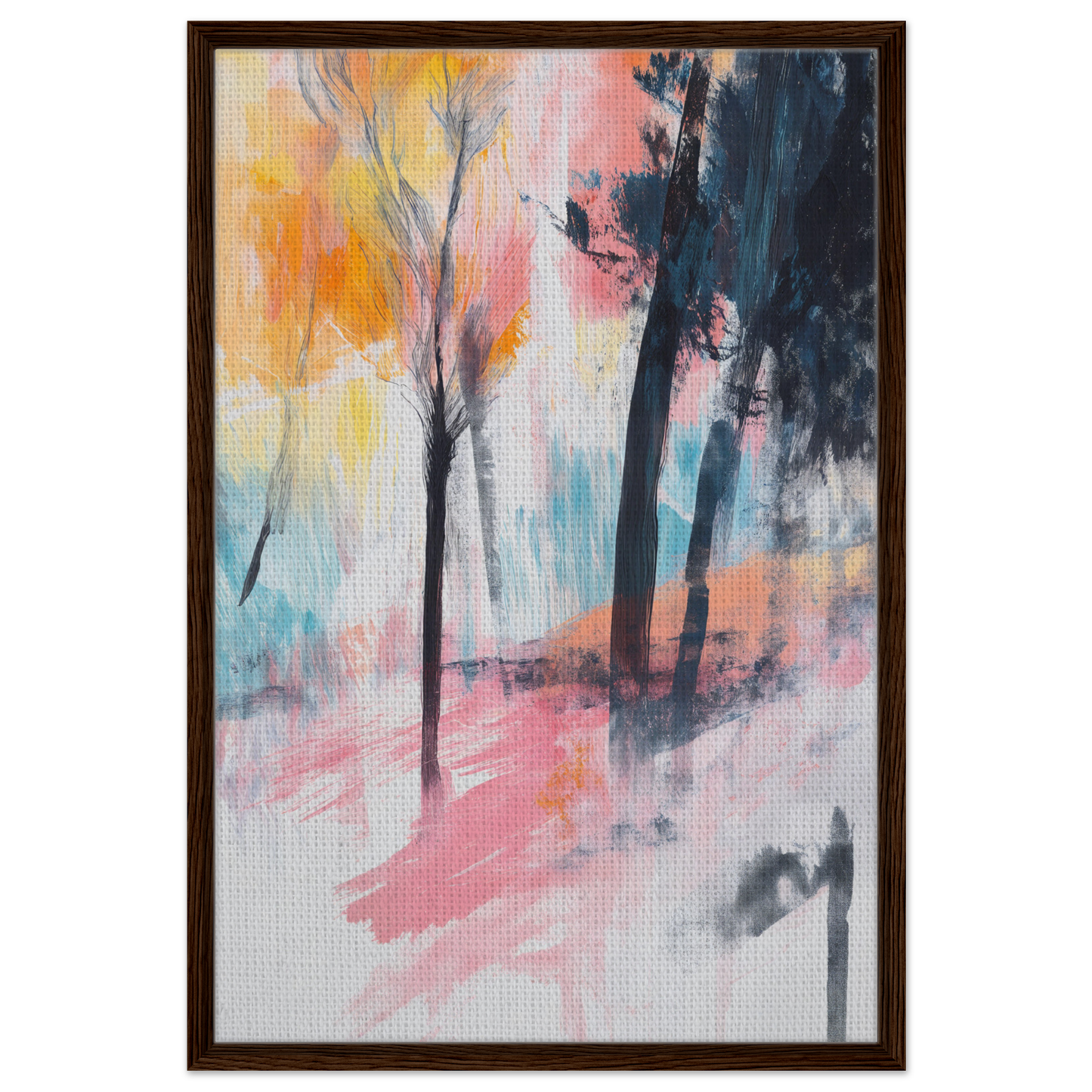 Abstract painting of Pink Twilight Trees in a colorful, misty forest landscape